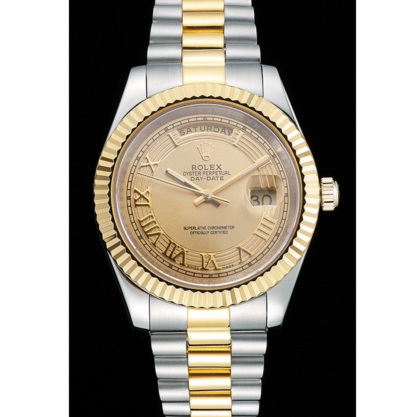 Aaa fake watches Gold Tone Rolex Plated Steel Stainless Day-Date Dial 18k Two Gold 0806
